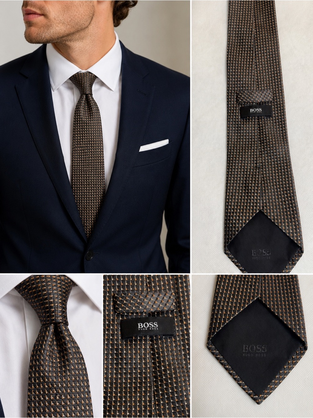 BOSS 100% Silk Tie Made in Italy Brown Black Geometric Luxury Necktie